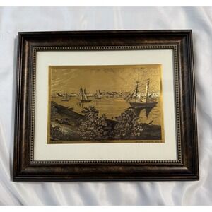 Vintage Art Old Steel Engraving Gold Metallic Foiled, Framed City Of Detroit MCM
